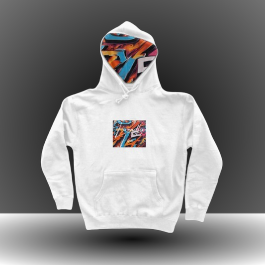 White Graphic Embroidered Firendly Fire Pullover Hoodie